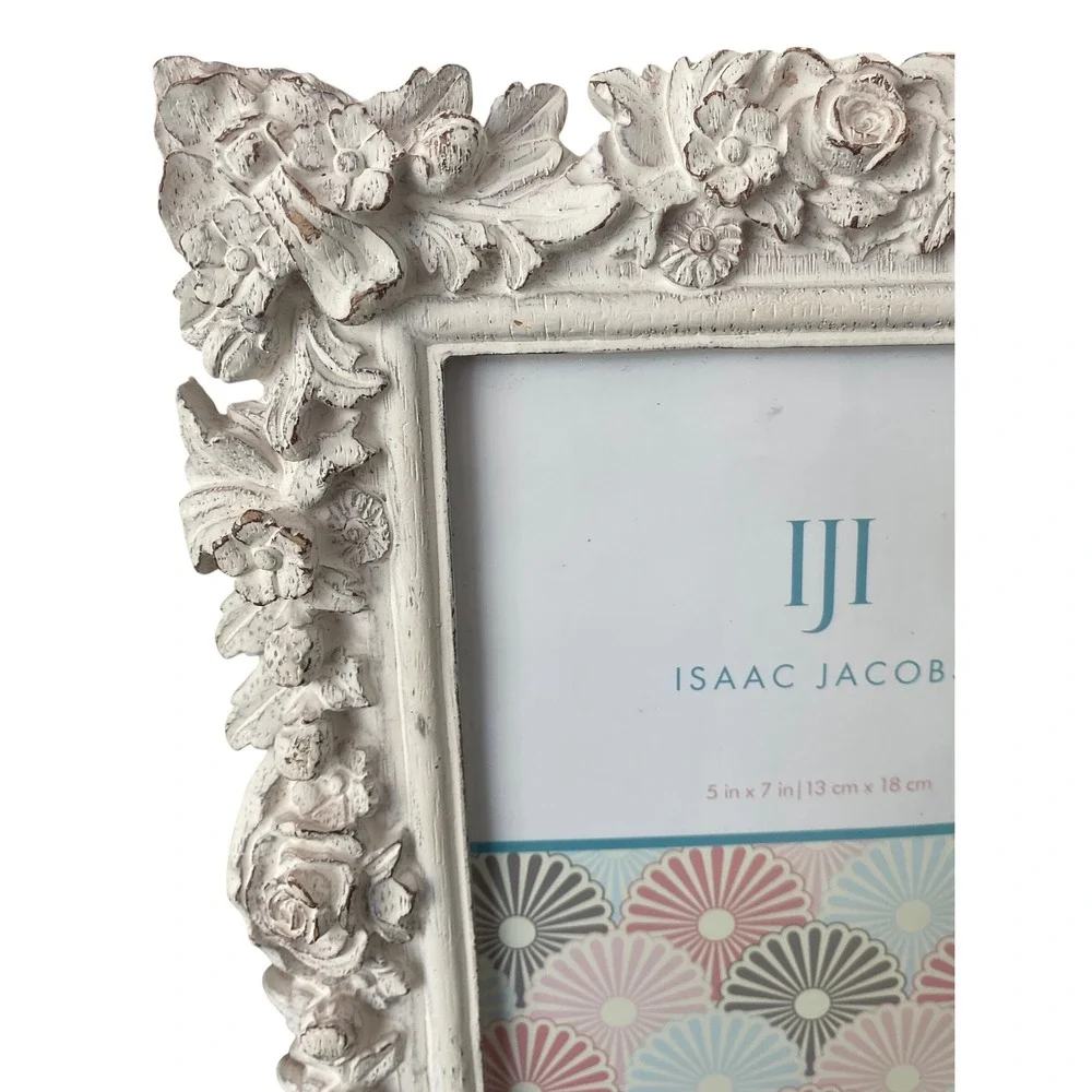 Isaac Jacobs 5x7 Picture Frame Floral Distressed White‎ Shabby Chic Vintage